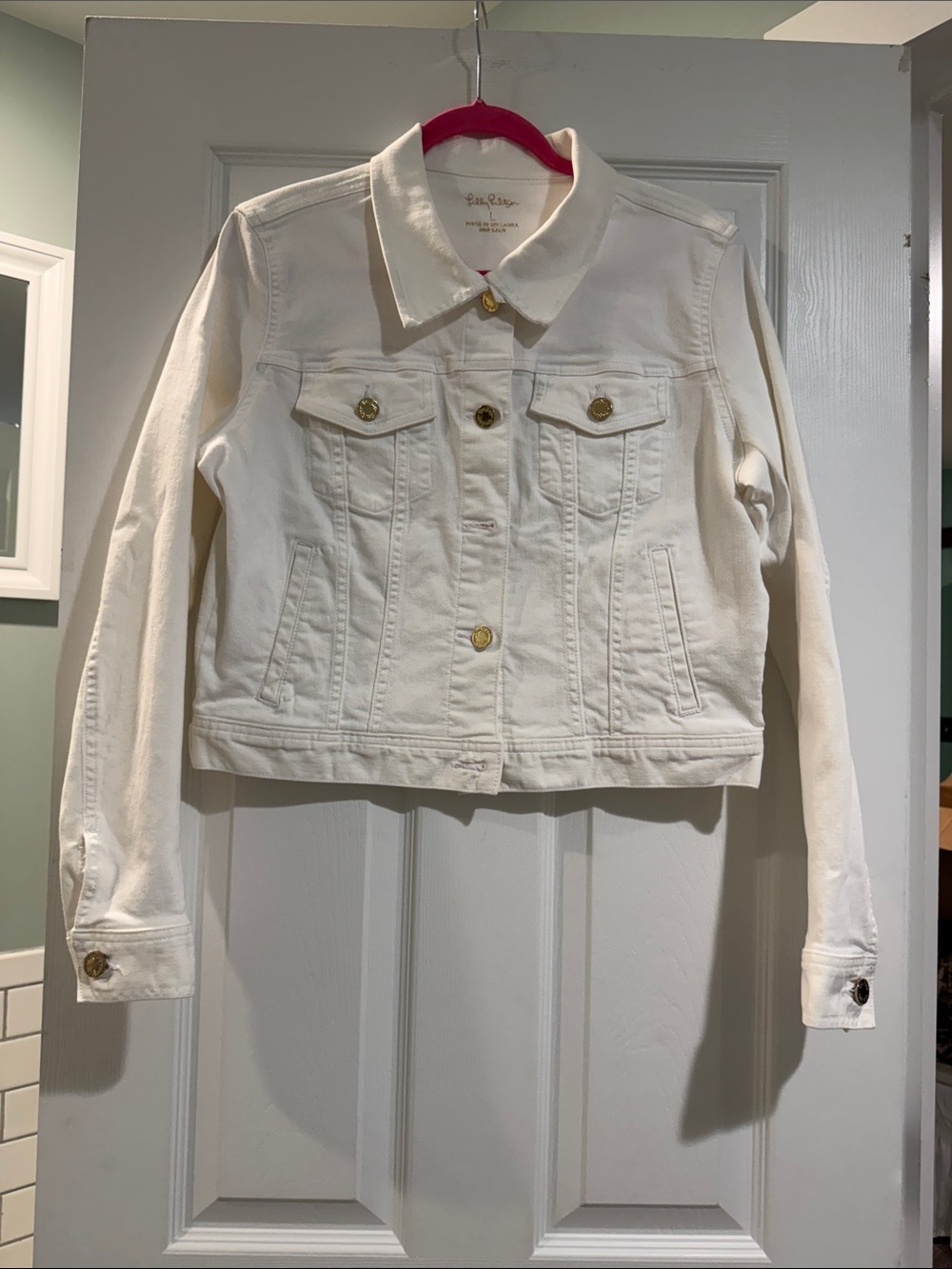 Lilly Pulitzer Cream Denim Trucker Jacket with Gold Buttons